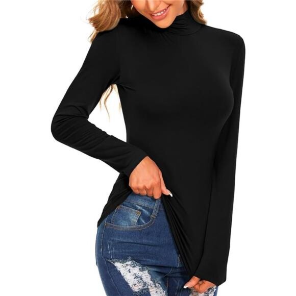 Women's Long Sleeve Mock Turtleneck Tops Casual Slim Fitted Lightweight - Picture 3 of 6